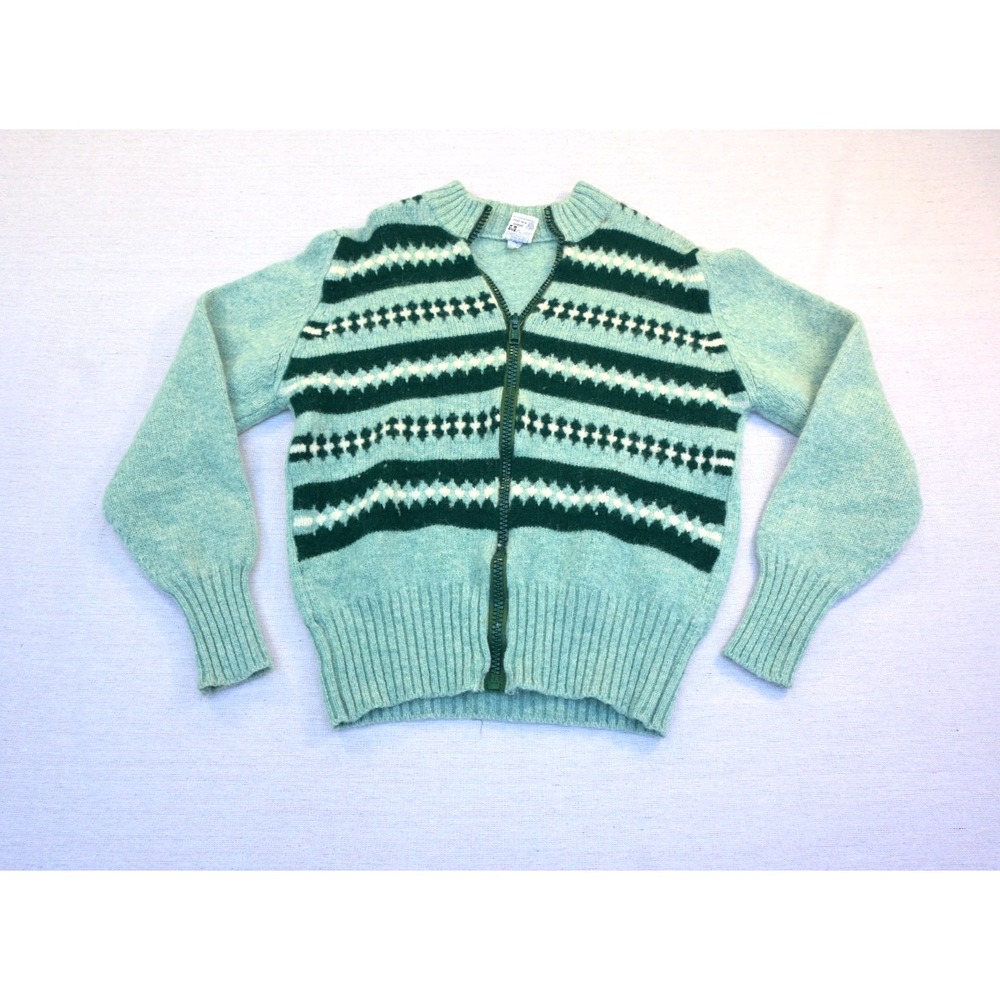 Vintage Wolsey Womens Shetland Wool Fair Isle Cardigan Mint Green Full Zip Cozy
